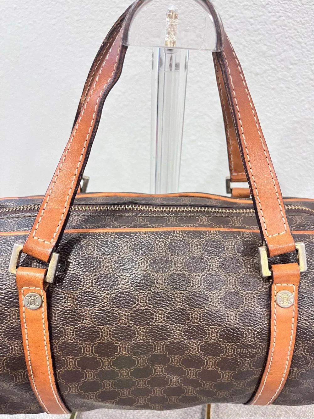 CELINE BROWN MACADAM COATED CANVAS BOSTON BAG